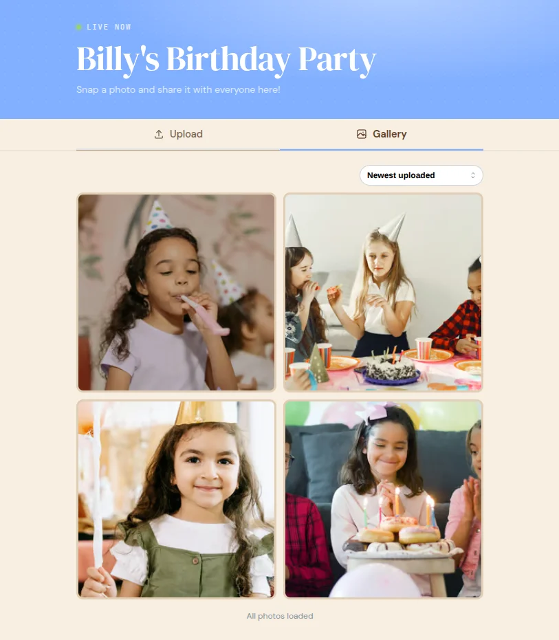 The shared photo gallery for Billy's Birthday Party filling up with guest photos