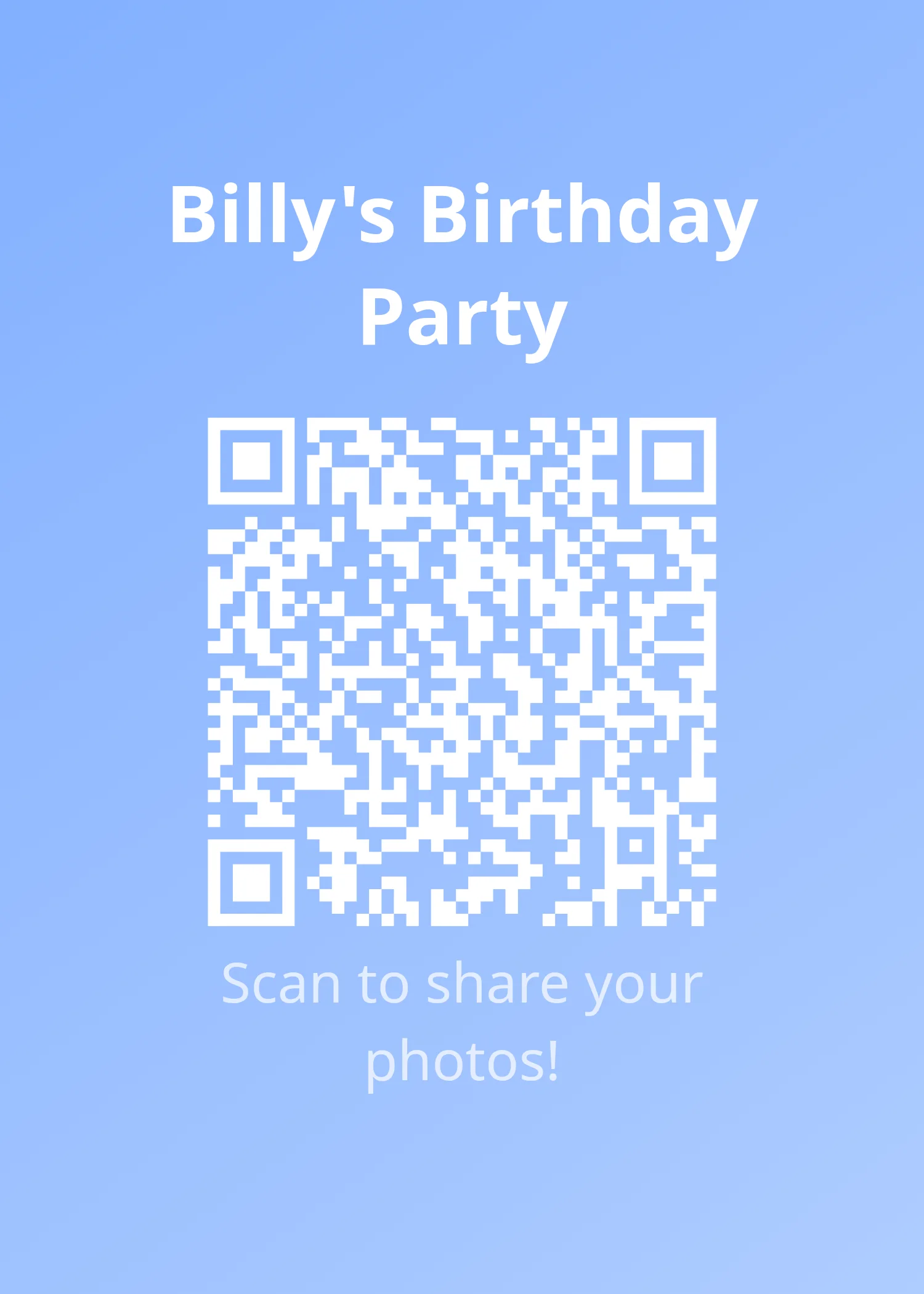 A printable QR code poster for an event called Billy's Birthday Party